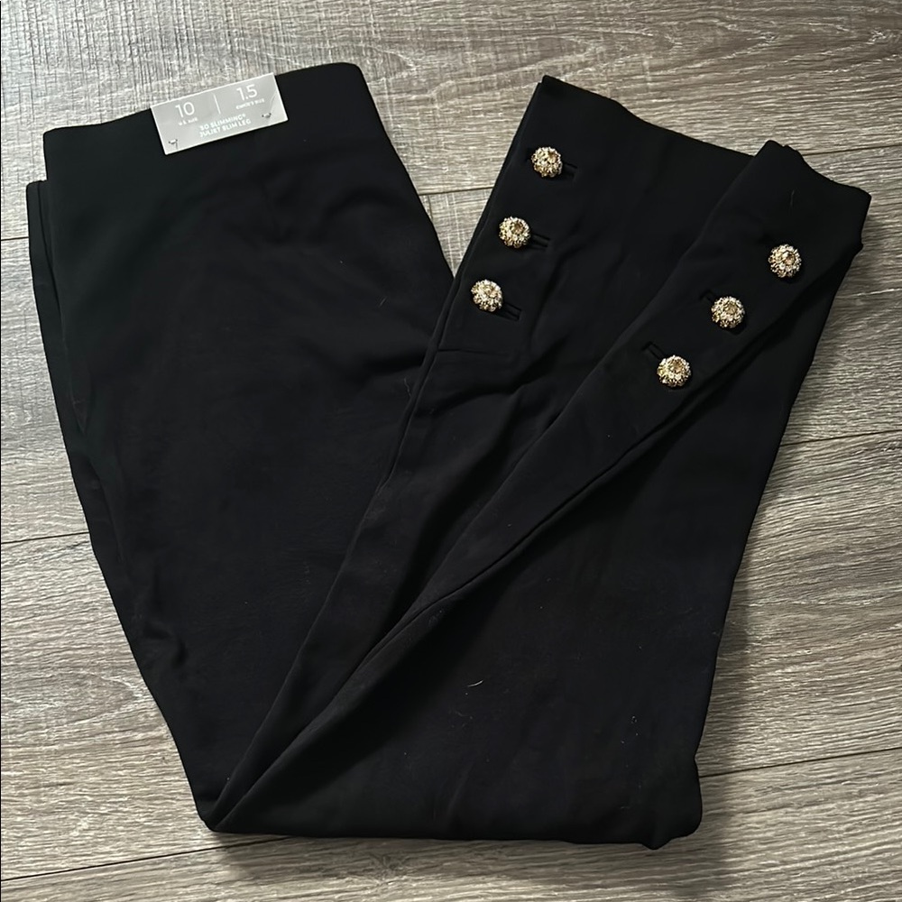 Black Chico’s Ankle Pants with Gold Floral Button Accents